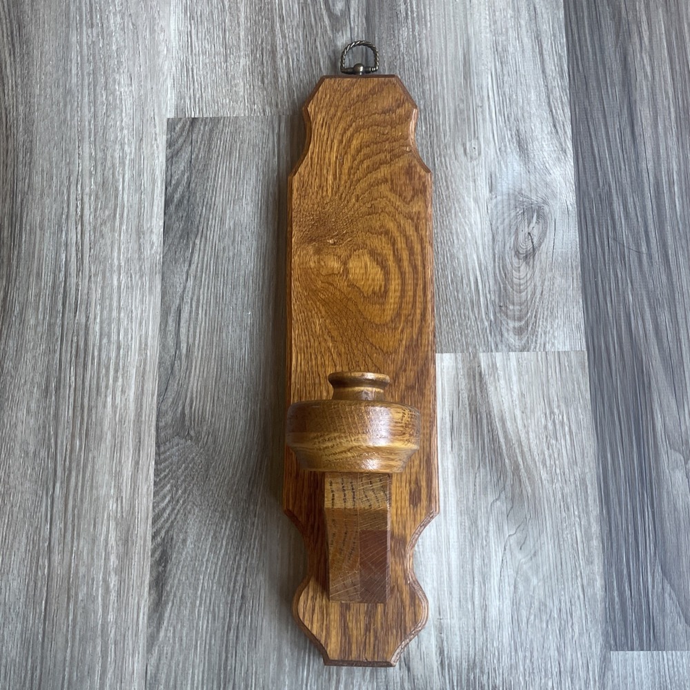 Vintage Solid Oak Wood Wall Candle Sconce Rustic Taper Holder 15.5 Inch